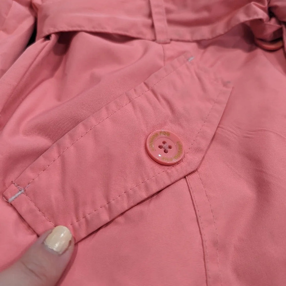 London Fog Girl 14-16 Pink Coral Trench Coat Button Front Removable Hood Frill - Picture 8 of 13
